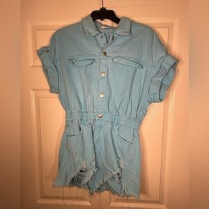 Item Ditto Women’s Aqua‎ Blue Denim Distressed Romper